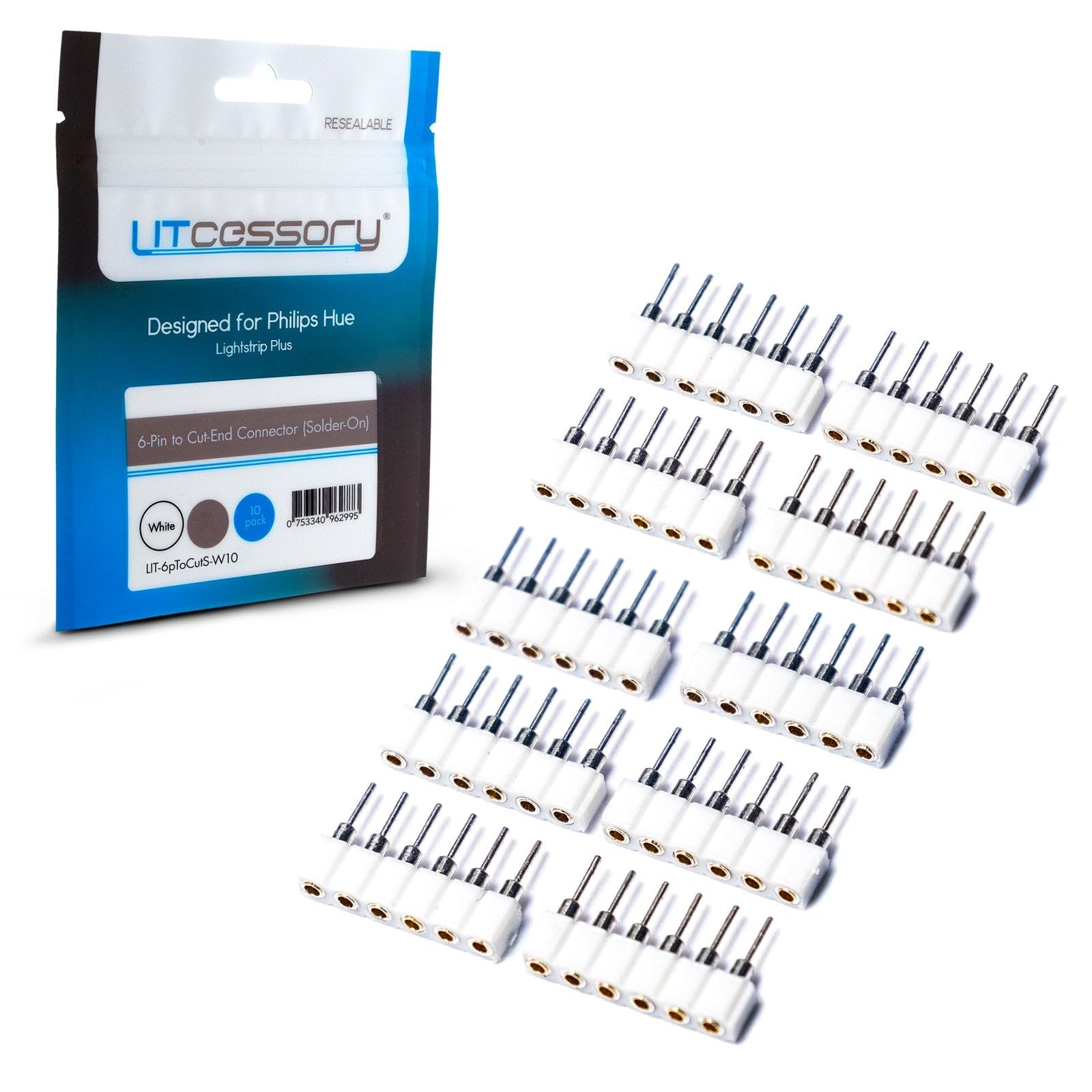 Litcessory 6-Pin to Cut-End Connector for Philips Hue Lightstrip Plus (Solder-On) (10 Pack, White - Standard 6-PIN V3)