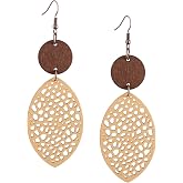 MINACHI Bohemian Hollow Cut-Out Wood Leather Dangle Drop Earrings, Boho Chic Hippie Statement Jewelry Gift for Women