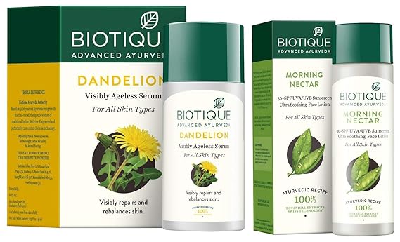 Biotique Bio Dandelion Visibly Ageless Serum, 40 ml and Biotique Bio Morning Nectar Sunscreen Ultra Soothing Face Lotion, SPF 30+, 120ml