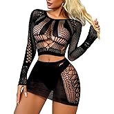 Buitifo Sexy Lingerie for Women Fishnet Babydoll Nightwear Exotic Top and Mini Skirt Set