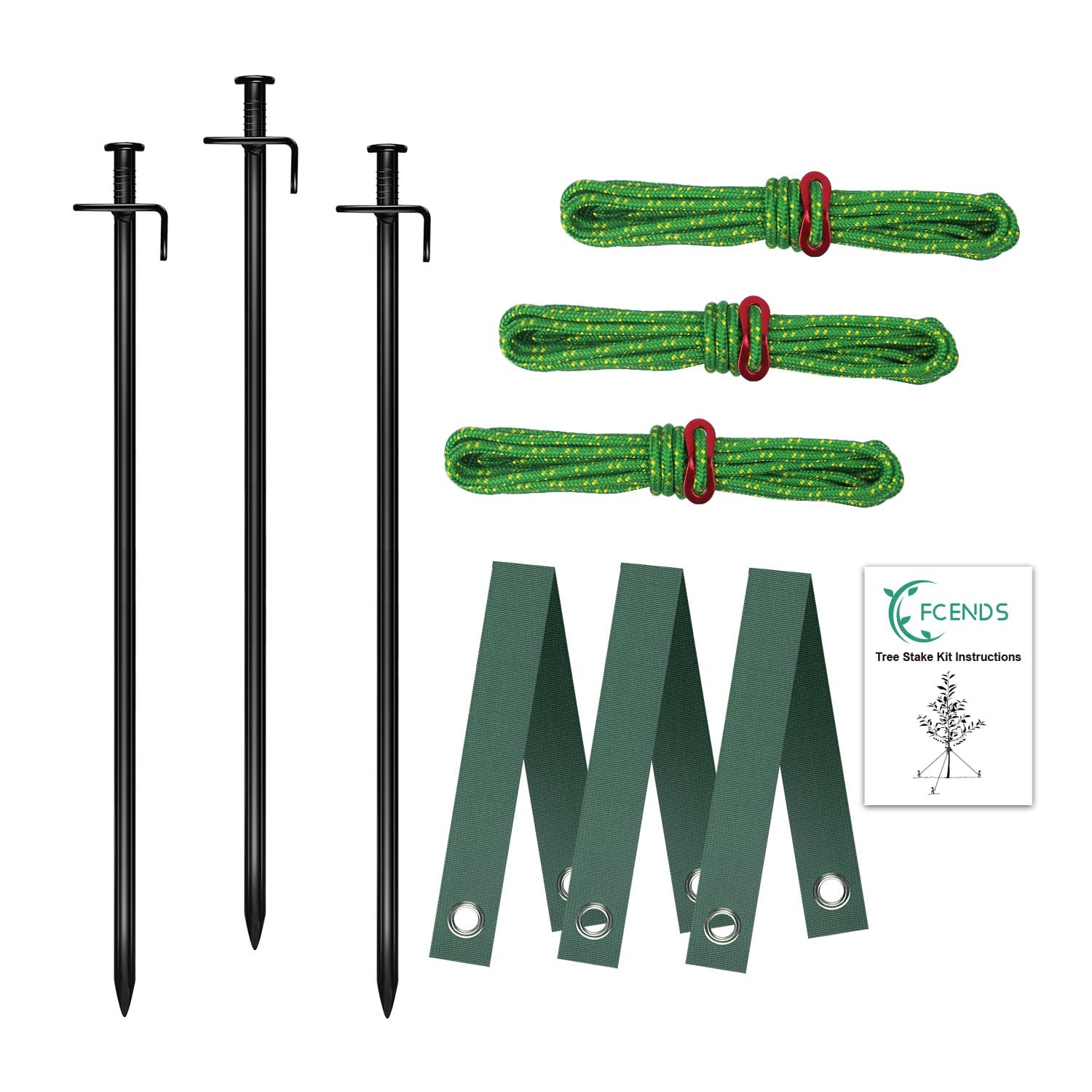 Photo 1 of FCENDS Tree Stake Kit, Heavy Duty Anchor Support for Young Trees in Bad Weather, Includes 3 Tree Straps, 3 Metal Stakes (11.8 in), and 3 Ropes