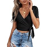 Crop Tops for Women Summer Cute Tops with Deep V Neck Shirts Sexy Unique Cross Wrap Slim Fit Tie Up Front Short Sleeve