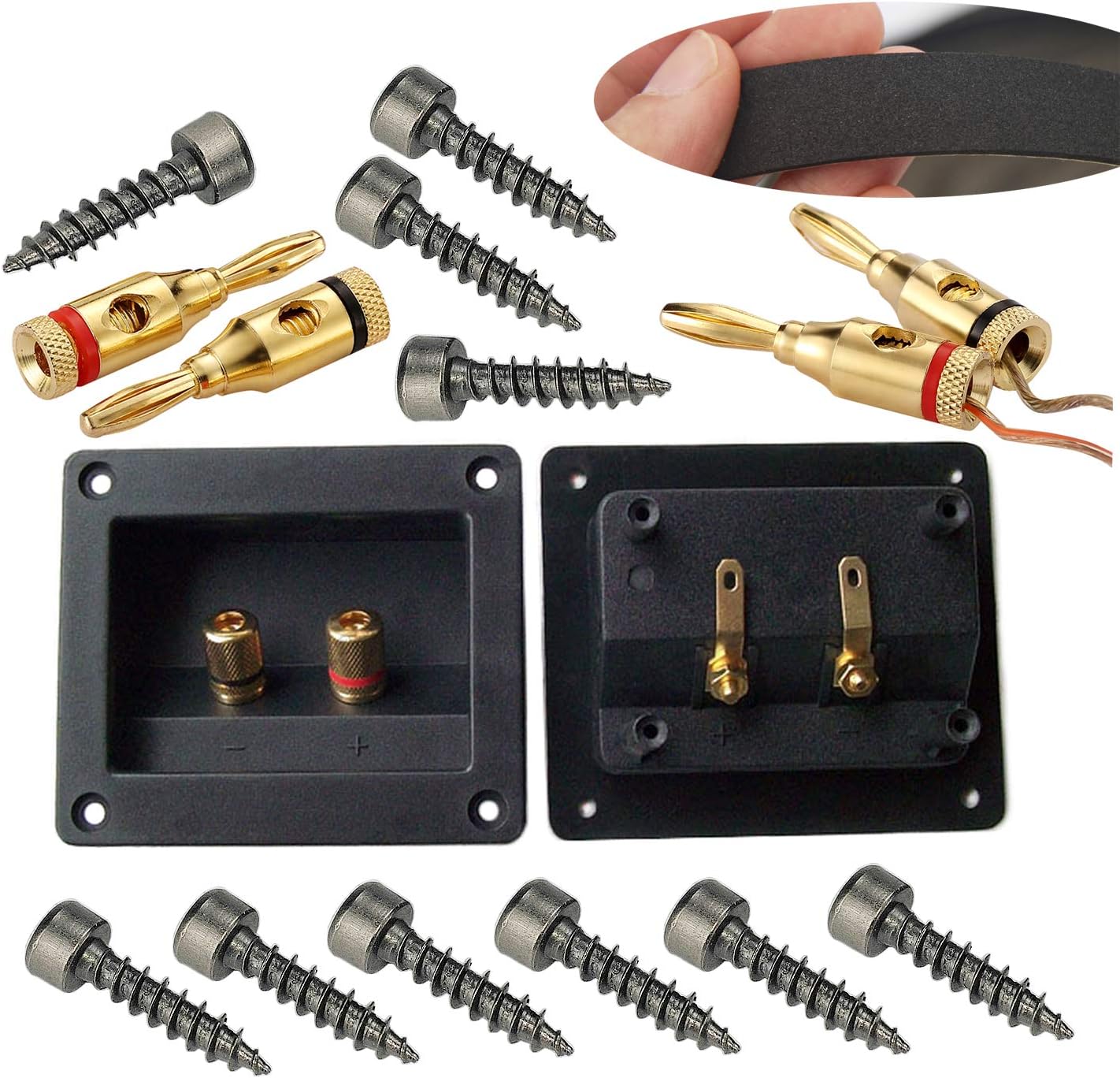 2pcs 2 Way Speaker Box Terminal with 2 Pairs Banana Plugs Square Binding Post Terminal Screw Cup Connection Subwoofer Banana Plugs Open Screw Type with Bonus Screws and for DIY Home Car Stereo