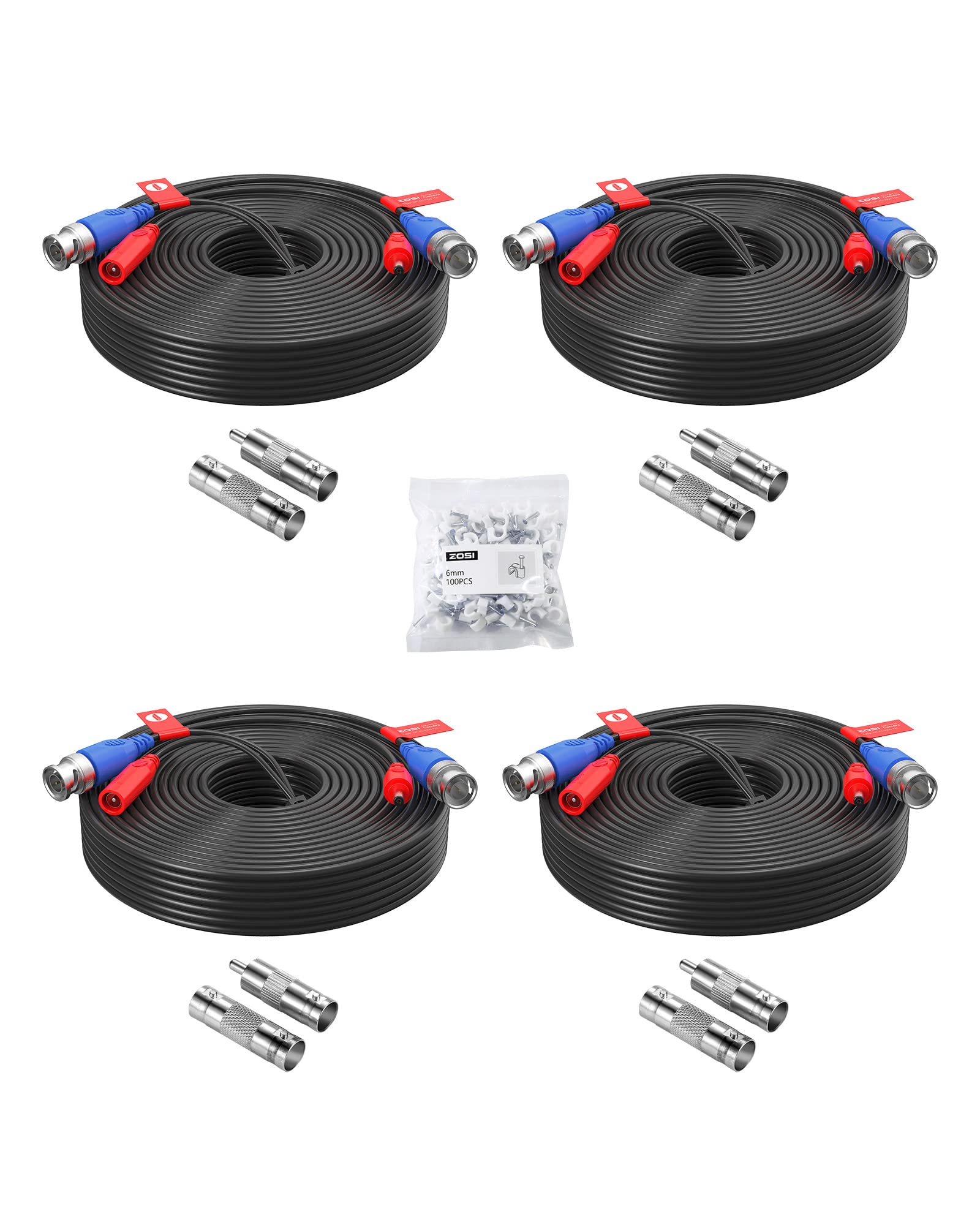 ZOSI 4 Pack 60Feet 18m 4K 8MP 5MP 1080P All-in-One CCTV Video Power Cables, BNC Extension Security Wire Cord for Video Surveillance Camera DVR System With BNC RCA Connector and 100pcs Cable Clips