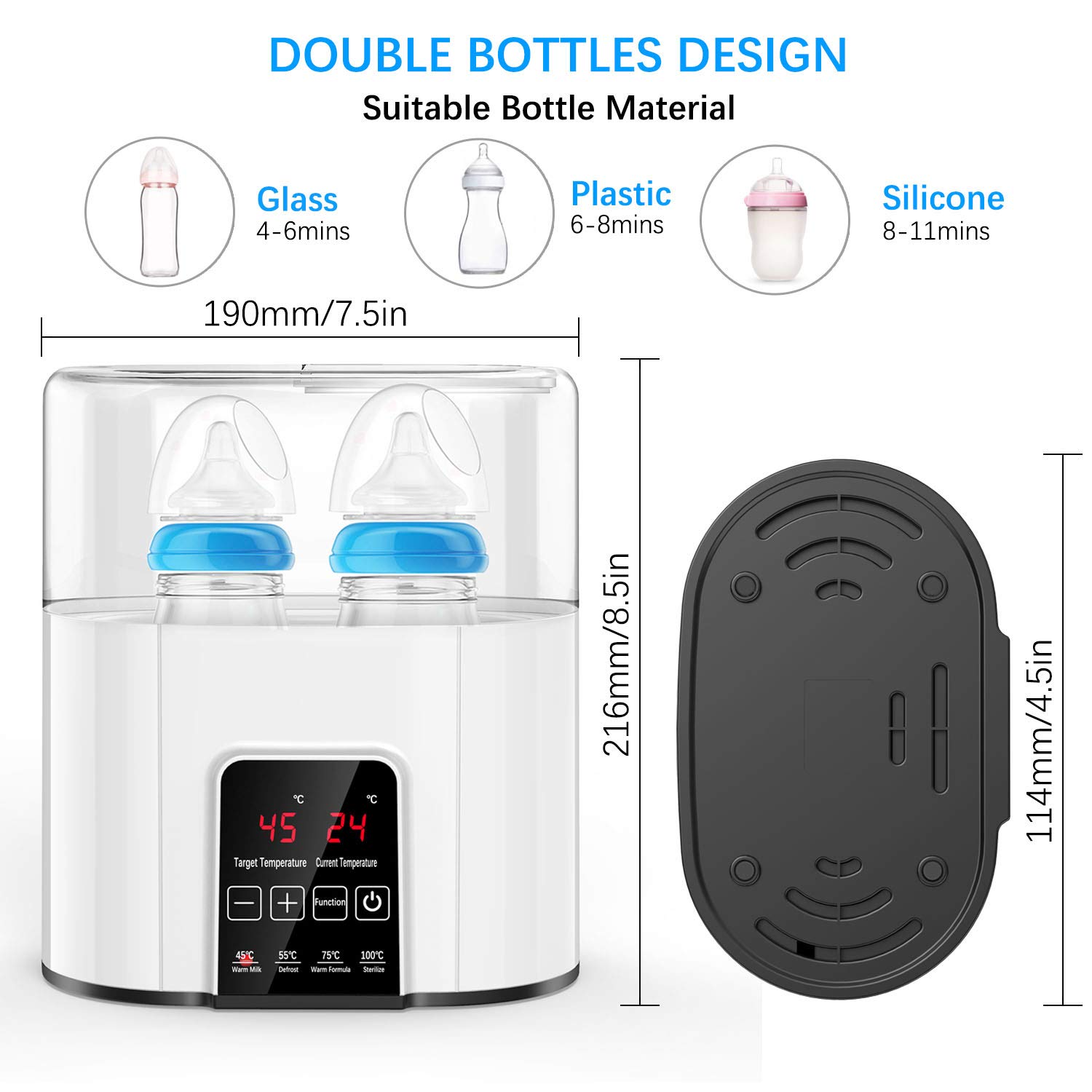 Baby Bottle Warmer and Sterilizer【All New 2021】, CFMOUR Double Bottle 6-in-1 Breast Milk Warmer and Defrost, Fast Baby Food and Formula Heater with Temperature Control, 24 Hours Constant Mode : Baby