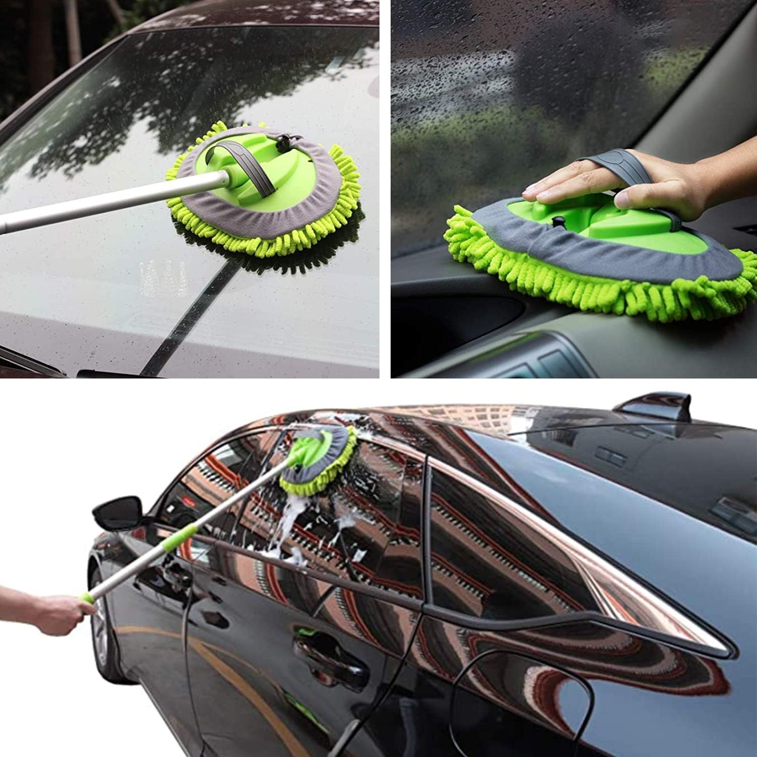 SUNPLAY 2 in 1 Car Wash Mop Mitt with Long Handle,Microfiber Car Wash Dust Brush Extension Pole 180 Degree,Scratch Cleaning Tool for Car,Truck,RV,3 Pcs Mop Heads (Green): Automotive