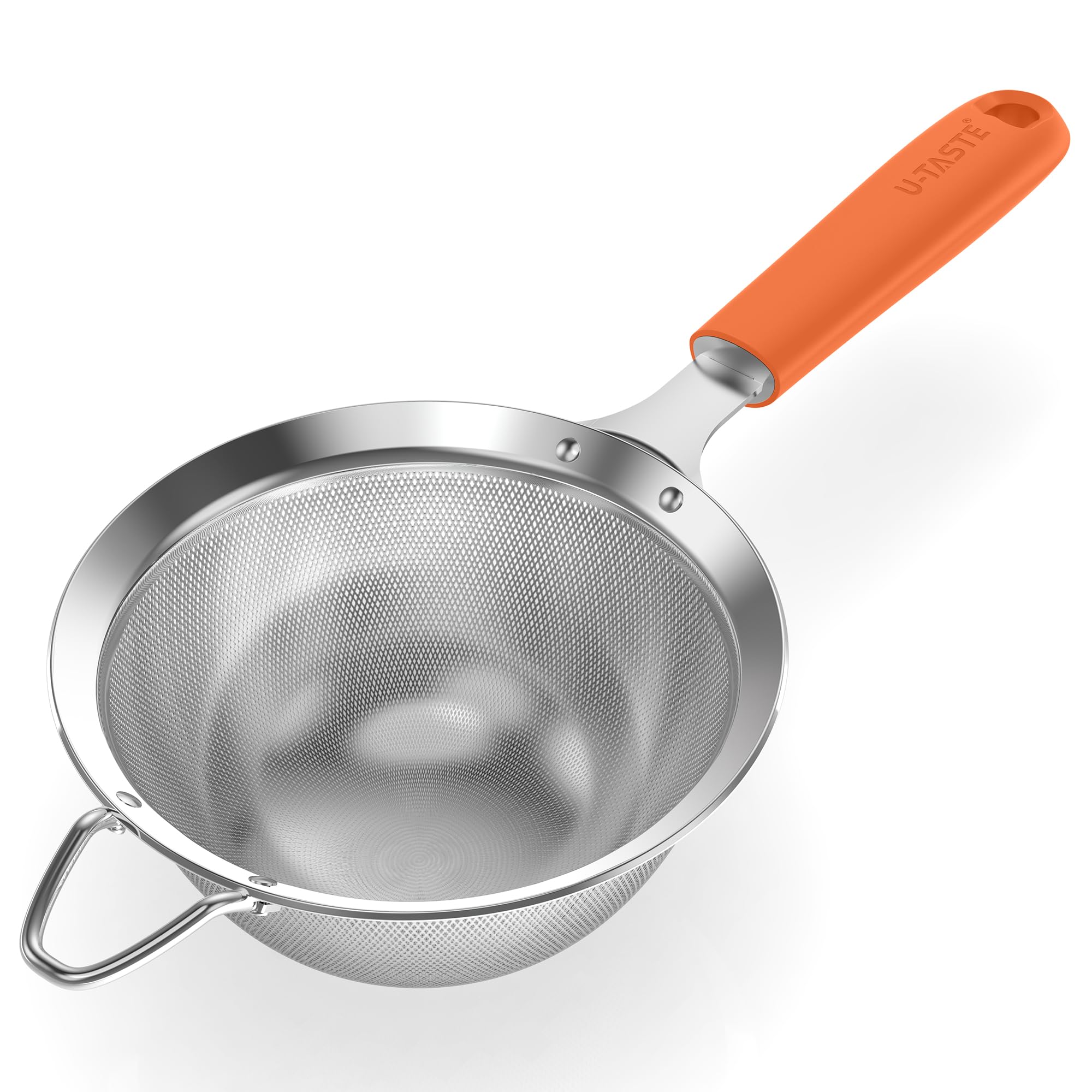 U-Taste Medium Fine Mesh Sieve: 18/8 Stainless Steel 12cm Kitchen Sieve and Strainer with Riveted Sturdy Silicone Handle, Great for Sifting Flour, Straining Tea, Rice, Quinoa (Orange)