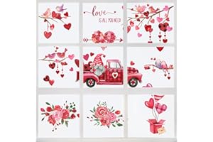 Mfault Valentine's Day Window Clings 9 Sheets, Love Heart Gnome Truck Glass Stickers Decals Flower Farmhouse Decoration, Branch Magpies Kisses Home Kitchen Decor Gift