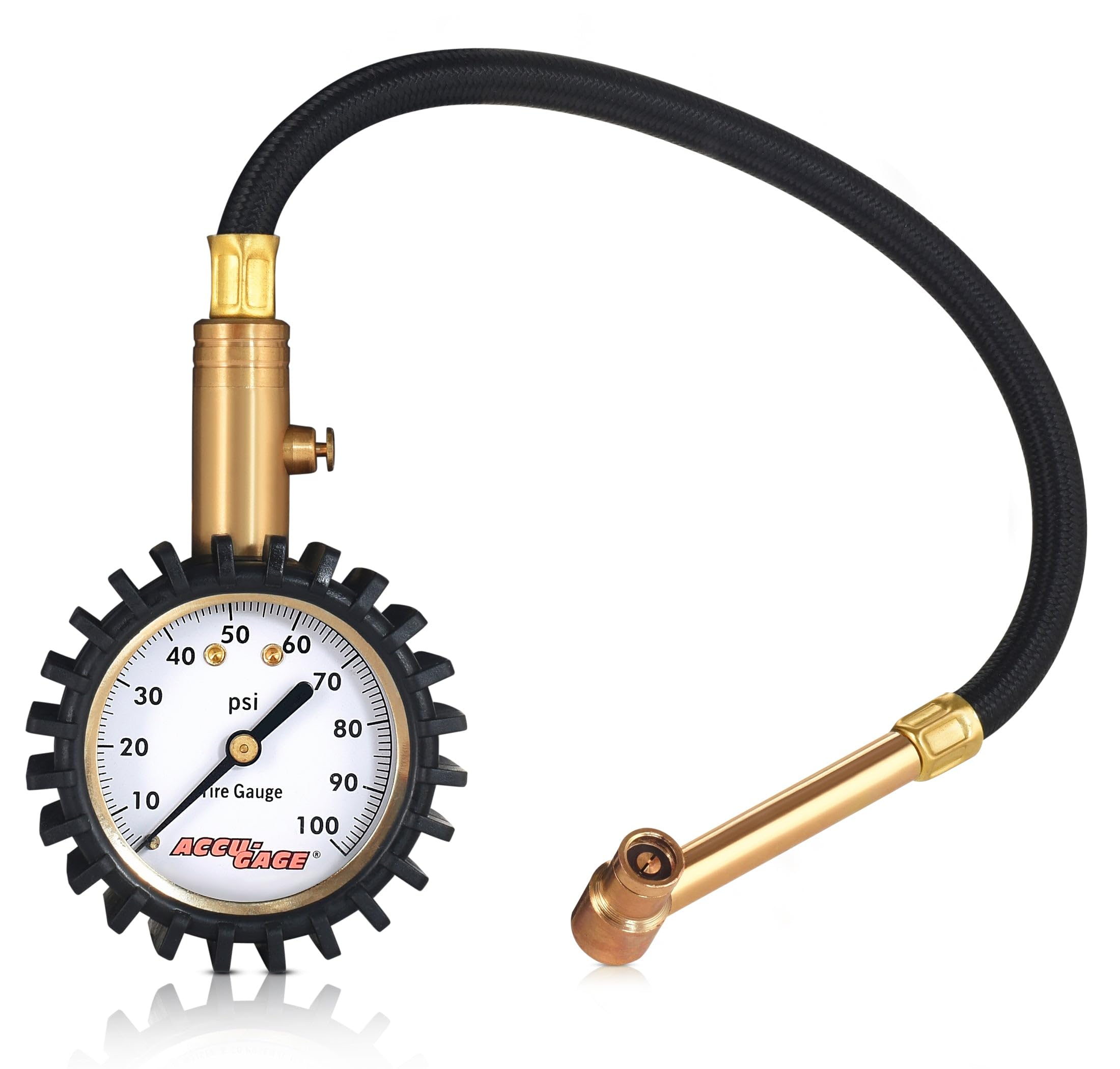 Accu-Gage RRA100X Tire Pressure Gauge with Hose and Protective Rubber Guard, Right Angle Chuck, 100 PSI