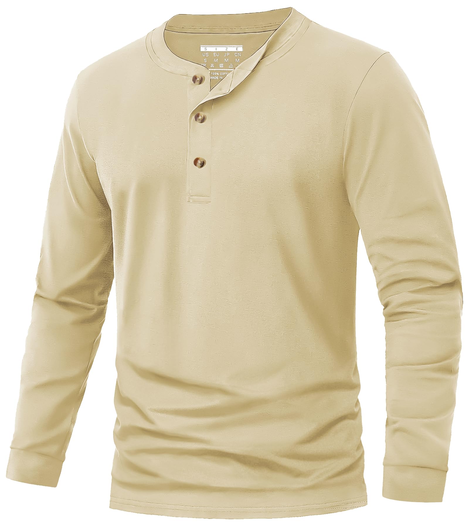 Photo 1 of EKLENTSON Mens Long Sleeve Henley T-Shirts Casual 3 Button Shirt Cotton Lightweight Henley Pullover Solid Basic Tshirt Khaki, XL