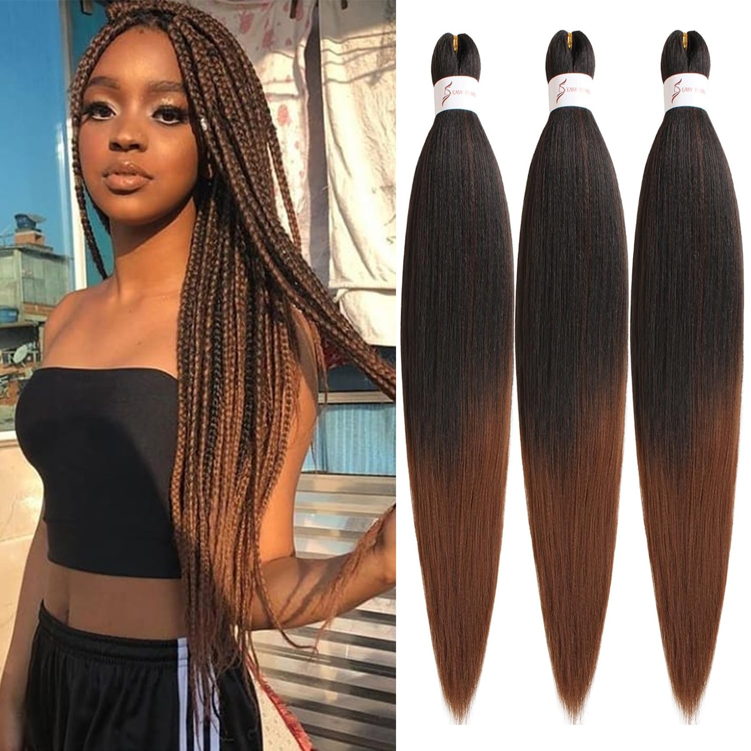Xtrend 3 Packs 16 Inch Ombre Brown EZ Braiding Hair Extensions Pre Stretched for Box Braids Yaki Straight Kanekalon Fiber Pre Stretched Crochet Braiding Hair Extension T30#