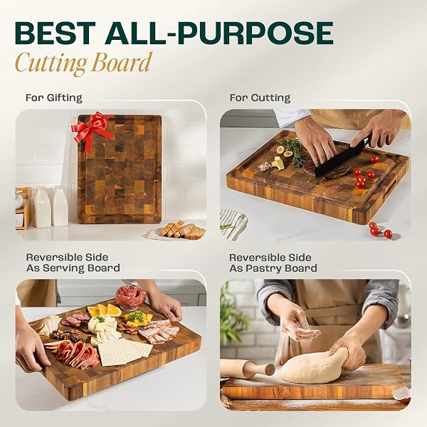 YES4ALL DURABLE ACACIA CUTTING BOARDS FOR KITCHEN, [20”LX15”WX1.5” THICK] LARGE END GRAIN CUTTING BOARD, PRE OILED WOOD CUTTING BOARDS, THICK CHOPPING BOARD W/JUICE GROOVES AND EASY GRIP HANDLE