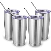 Volhoply 20oz Stainless Steel Tumbler with Lid and Straw Bulk 4 Pack,Double Wall Insulated Travel Iced Coffee Mug Fits Cup Holder,Powder Coated Cups for Hot/Cold Drinks,Christmas Gifts(Silver,4 Set)
