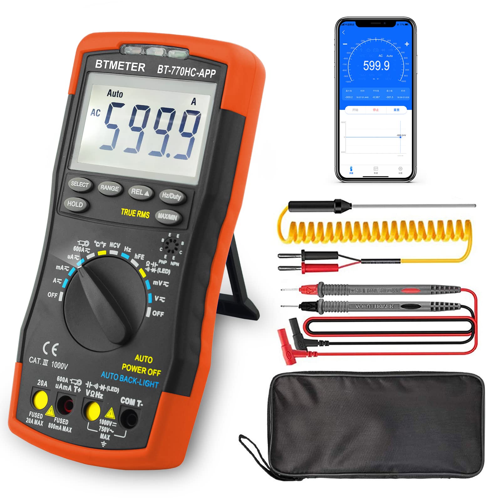 BTMETER Digital Multimeter, Handheld TRMS 6000 Multi Meter Auto Range Voltmeter Ammeter Measure AC DC Volt Amp Ohm Continuity Capacitance Frequency Diode hFE Transistor Temp 770HC-APP