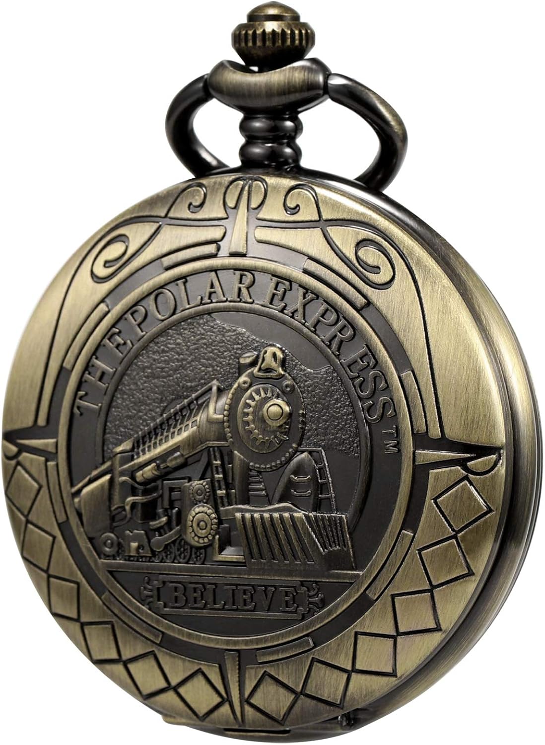 TREEWETO Mens Pocket Watch Antique Skeleton Mechanical Bronze Case 3D Steam Train Railroad Ruman Numerals Gifts for Train Lovers