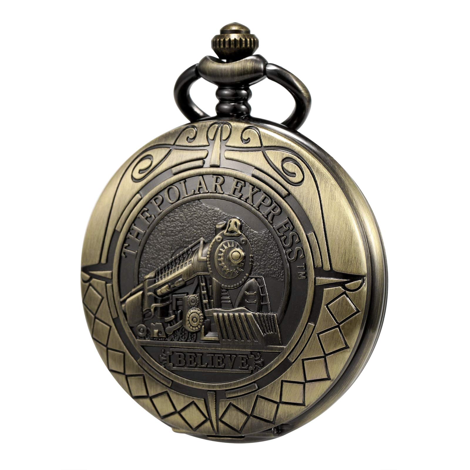 TREEWETO Mens Pocket Watch Antique Skeleton Mechanical Bronze Case 3D Steam Train Railroad Ruman Numerals Gifts for Train Lovers