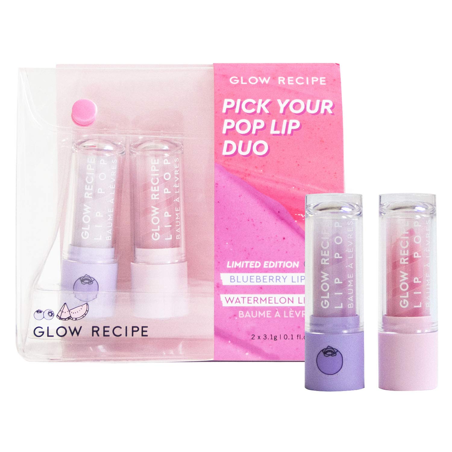 Glow Recipe Lip Duo Set - Limited Edition Value Gift Set - Exclusive Blueberry Bounce Lip Pop + Watermelon - Hydrating, Moisturizing Balms for Plump Looking Lips - Vegan Lip Care (2-Piece Value Set)