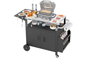 StructoMax XL Outdoor Grill Cart with Cabinet, Extra-Wide Stainless Steel Table Top, Large Spice Rack & Lockable Wheels, Outdoor Kitchen Island Grill Table for BBQ, Cooking & Prep