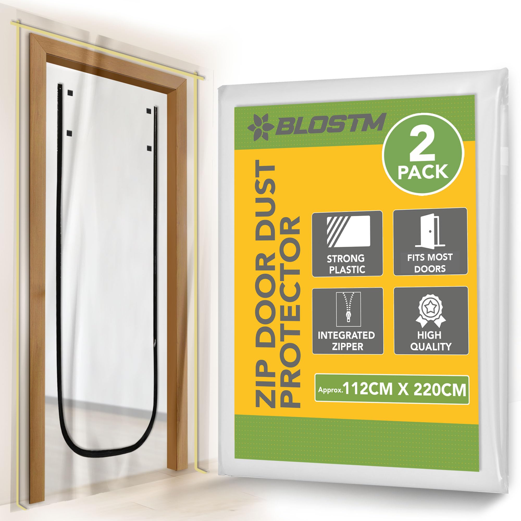 BLOSTM Dust Door Cover with Zip - 2 Pack Clear Door Protector, Plastic Dust Sheet, Door Curtain U Shaped Zipper Easy Installation (112cm x 220cm)