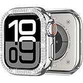 ZZDZZ Metal Case Compatible with Apple Watch Series 11/10 46mm for Women, Bling Diamond Frame Bumper with Back Cover Protective Cover for iWatch 46mm, Silver