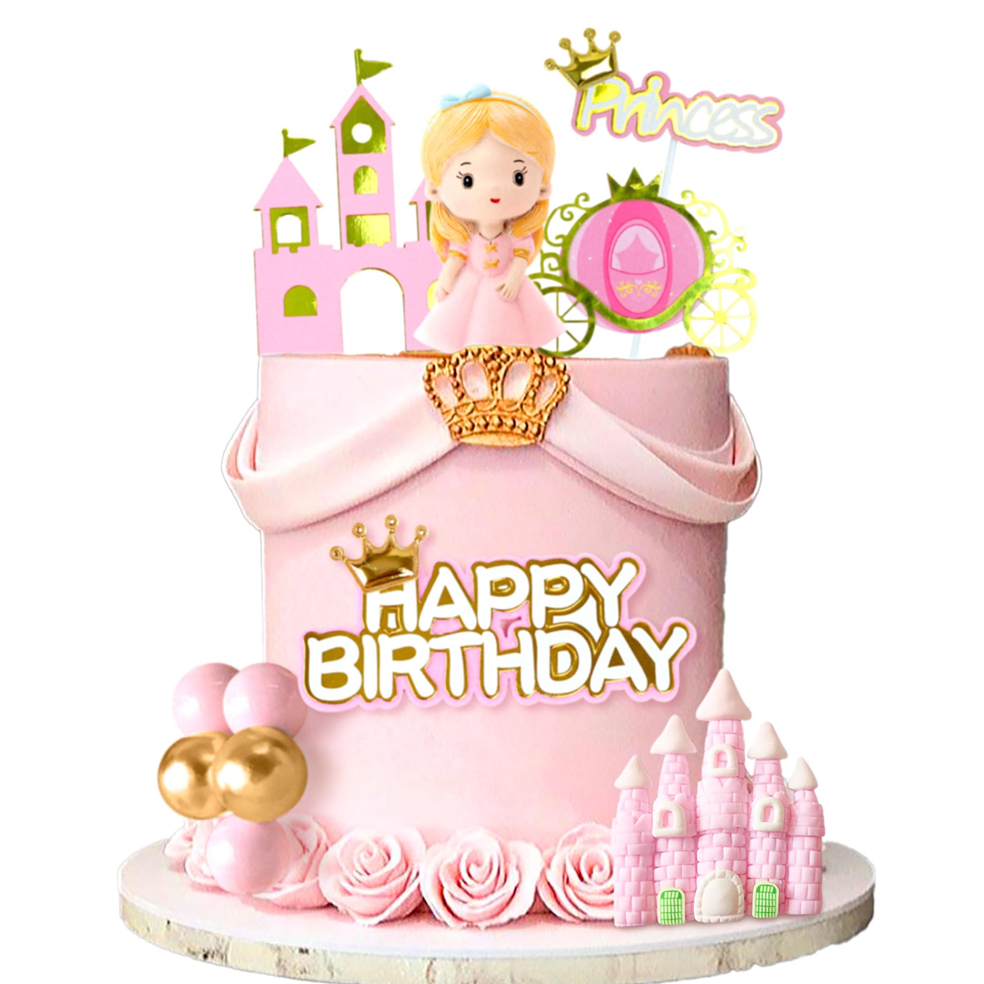 Photo 1 of BACH AND BOOZY Pink Princess Cake Decorations - Princess Cake Topper Set with 16 Pieces for Girls Birthday Party Supplies & Favors