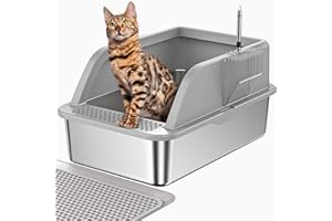 PEDIBAT XL Stainless Steel Litter Box, Extra Large Metal Cat Litter Box with High Sided for Big Cats, Enclosed Litter Boxed with Lid, Easy-Clean Cat Litter Mat & Scoop Kit, Anti-Urine Leakage (Grey)