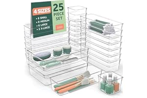 RUBOXA 25 PCS Clear Plastic Drawer Organizers Set, 4 Sizes Clear Drawer Organizers & storage Bins for Makeup/Jewelry Vanity, Kitchen Gadgets Or Office Desk. Bathroom Drawer Organizer Trays With Non-Slip Pads