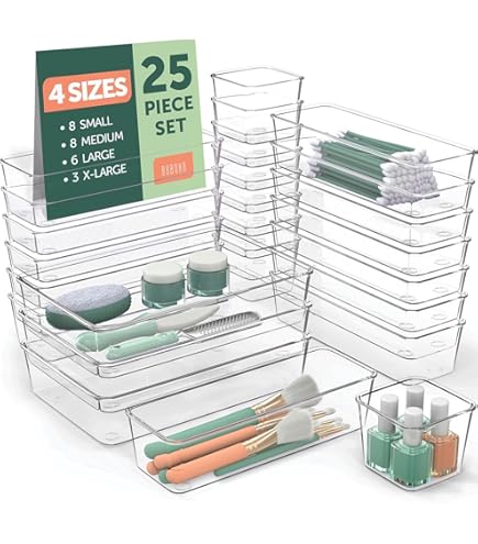 ElegantArray 48-Piece Clear Plastic Drawer Organizer Set - 4 Sizes, Stackable Storage Bins For Makeup, Office, Bathroom