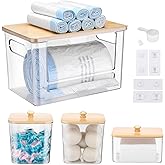 YAFFWA Extra Large Trash Bag Holder 4 Pack Garbage Bag Dispenser Roll Holder with Lid Laundry Room Organizer Under Sink Stackable Storage, Wall Mounted Laundry Dryer Sheet Holder Clear Pod Container