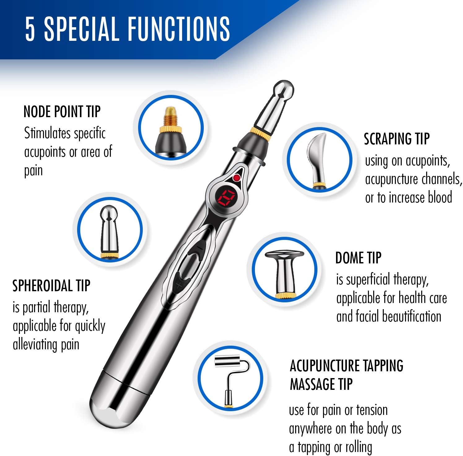 Aobbiy 5-in-1 Electronic Acupuncture Pen, Meridian Energy Pen for Pain Relief. Pain Relief Therapy, Electric Meridians Acupuncture Machine, 1 x AA Battery Needed(Not Included): Health & Personal Care
