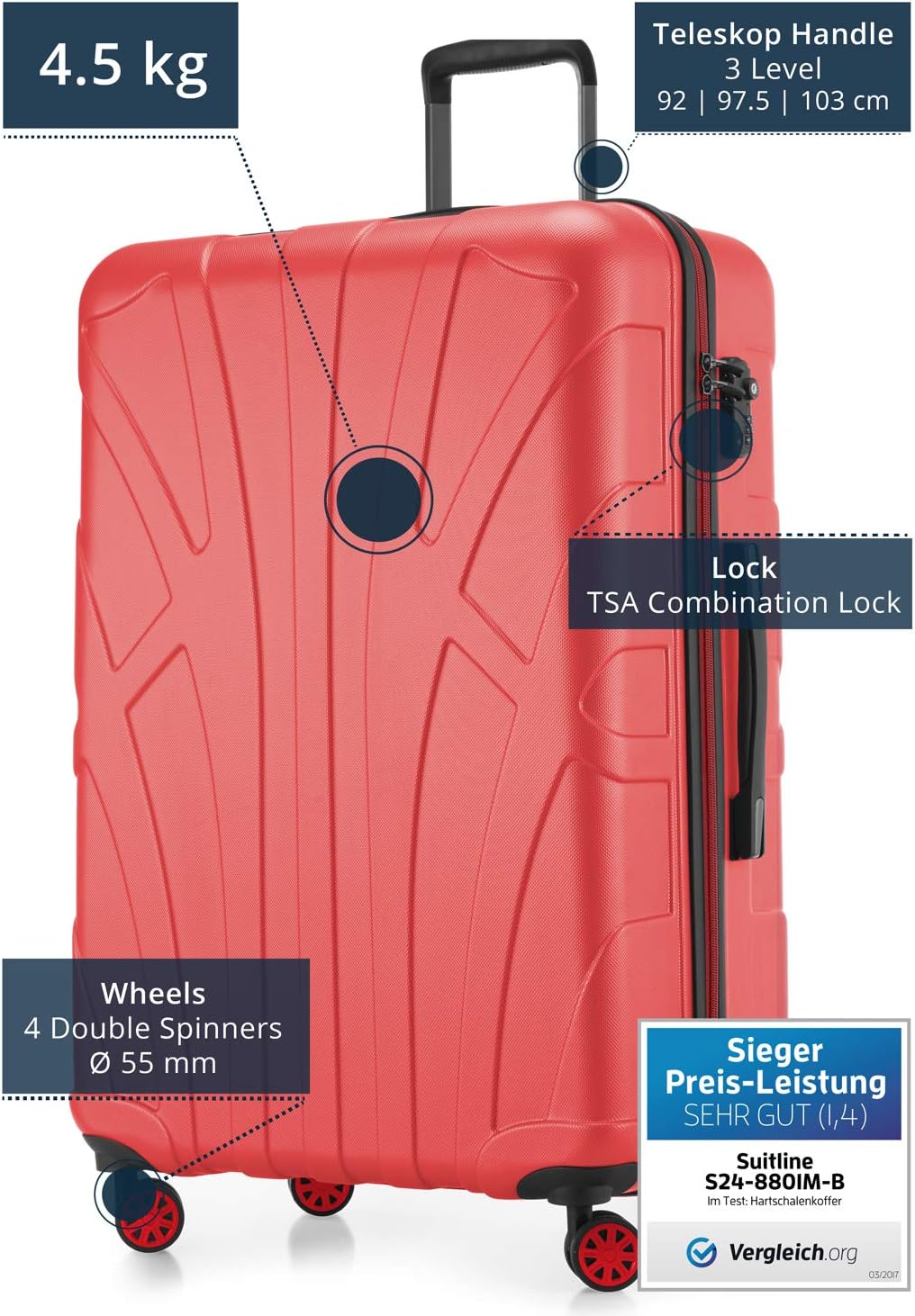 Suitline - Big Hardshell Suitcase Trolley Travel Luggage Hardcase with Extension, TSA, 76 cm, 96-110 liters, 100% ABS mat, Coral - Image 3