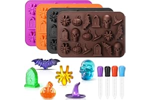 Juome Halloween Silicone Gummy Molds - 4 Pack 72 Cavity 3D Candy Chocolate Gummy Mold Skull Ghost Spider Pumpkin Bat Tombstone Hat Shapes Mold for DIY Halloween Gummies, Jello, Chocolate, Ice Cube