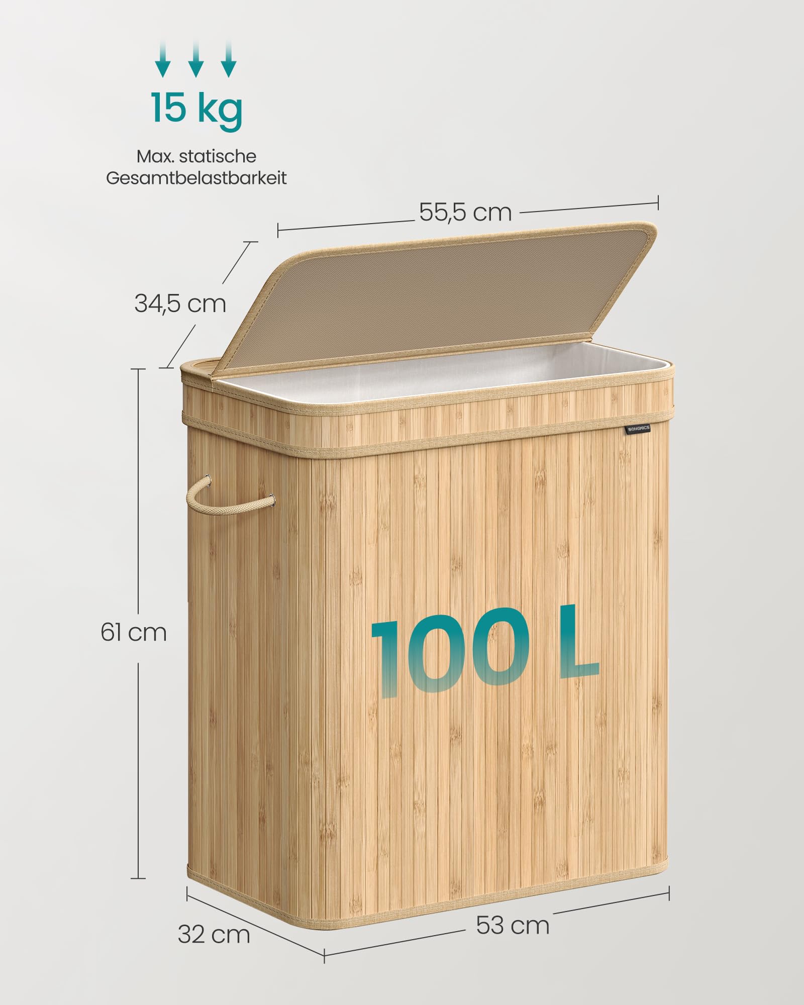 SONGMICS Wäschekorb mit Deckel, Wäschesammler Bambus, Wäschesack herausnehmbar und maschinenwaschbar, mit Griffen, 100 Liter, für Waschküche, Schlafzimmer, Wohnzimmer, naturbeige LCB063N01 5