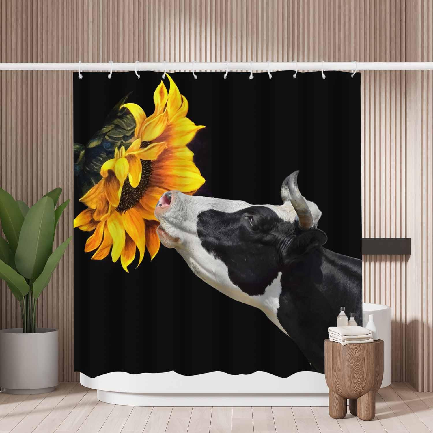 Woutay Shower Curtain Mould Proof Resistant Cow Sunflower,Water Repellant Fabric,Polyester,with 12 Plastic Hooks