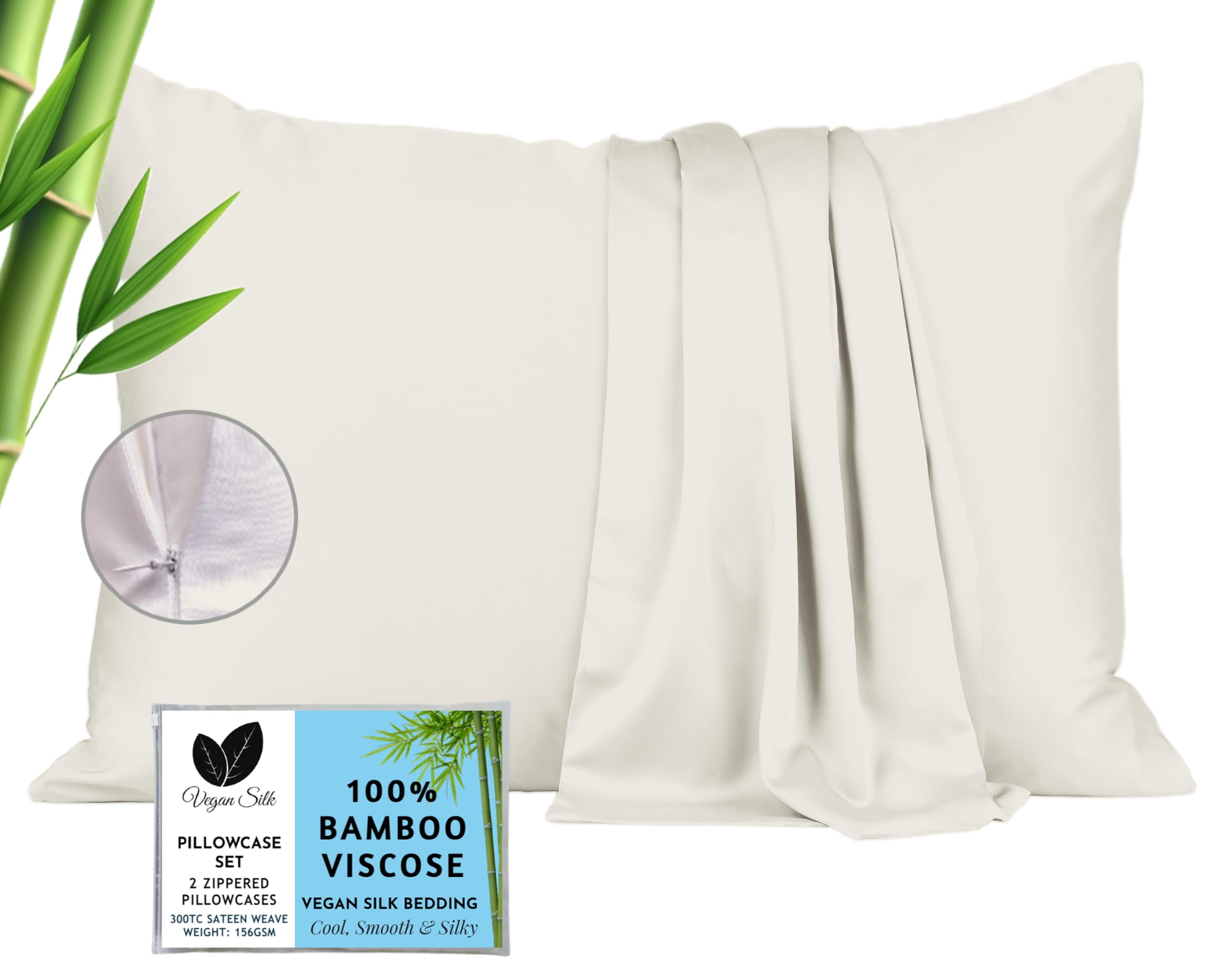 Photo 1 of Pillow Cases - 100% Viscose Derived from Bamboo - Cooling Pillowcase - King Size, Cream, Set of 2 Zippered - for Hot Sleepers - Soft Pillow Covers - by Vegan Silk