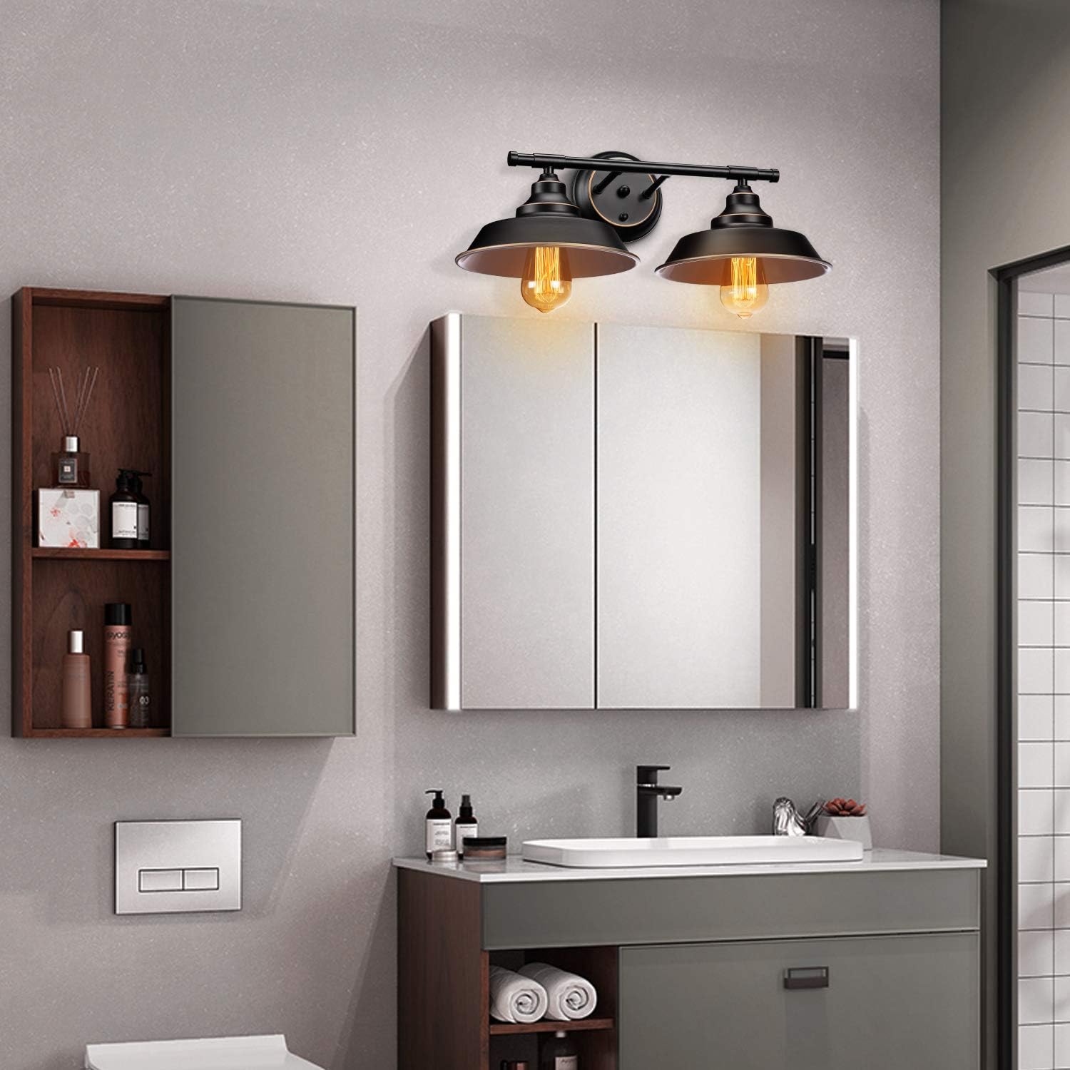 Farmhouse Rustic Style Vintage 2-Lights Vanity Wall Sconce Lighting, Elibbren E26 Base Metal Matte Black Industrial Bathroom Wall Light Fixture for Bathroom Vanity Mirror Cabinets Dressing Table - - 