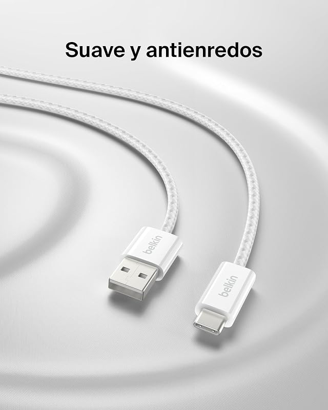 Pacote de 2 cabos trançados USB-A para USB-C de 1,5 m (15 W), carregamento rápido, cabos de alimentação USB tipo C flexíveis para iPhone 17 e 16, Galaxy S25, Pixel 10, iPad Pro e outros, branco