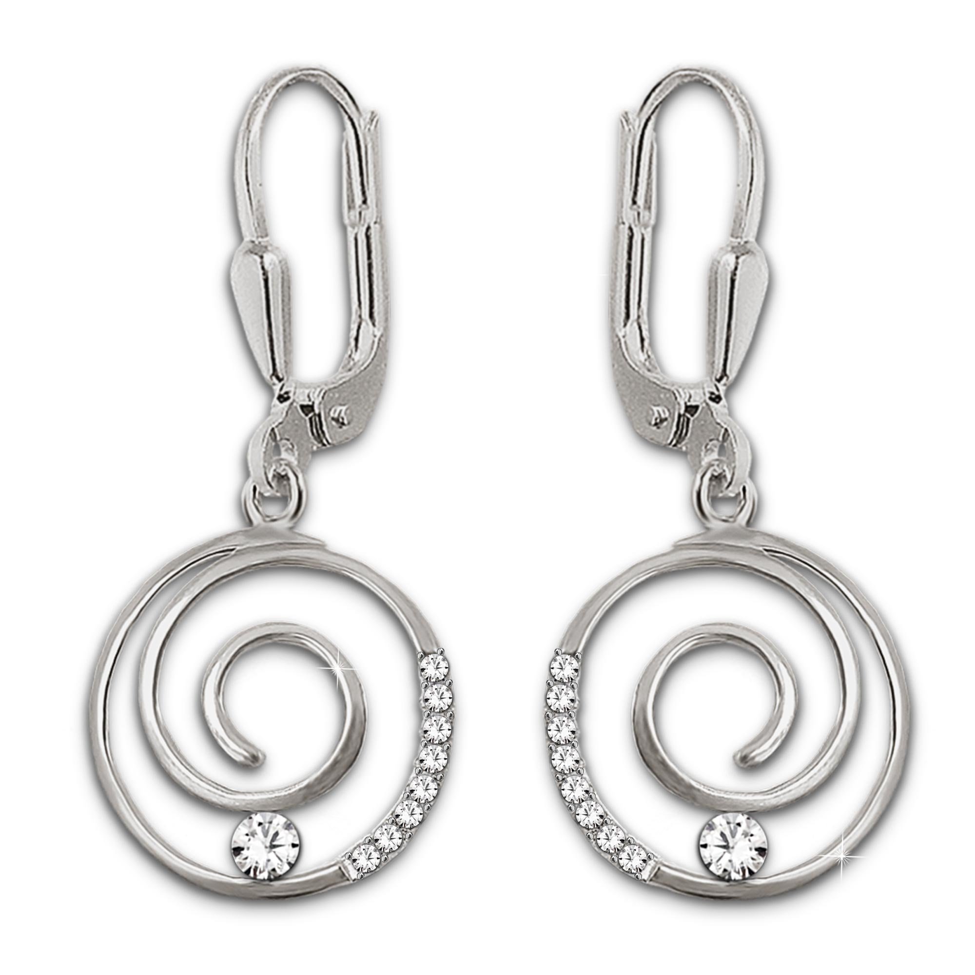 CLEVER SCHMUCK Women's Silver Earrings 28 mm with Spiral Swirl Diameter 12 mm Many Cubic Zirconia Shiny 92 Sterling Silver in White Case 5, Glossy, Cubic Zirconia