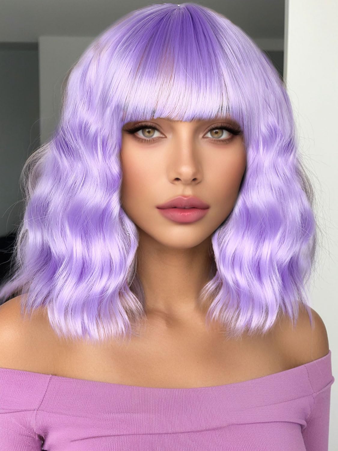 Photo 1 of Fancy Hair Light Purple Wavy Bob Wig Short Wavy Wig with Bangs Glue less Wear and Go Wig Synthetic Shoulder Length Bob for Girl Women Daily Party Use