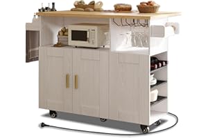 ASTRONAPE Rolling Mobile Kitchen Island with Storage and Drop Leaf, Island with Countertop Power Socket and Wheels for Kitchen Appliances, White