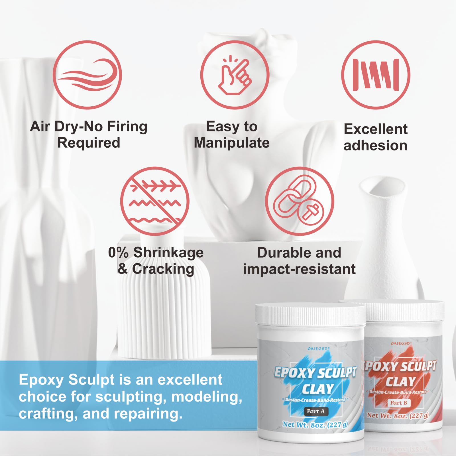 1 Pound Black Epoxy Putty Sculpt Clay, 2 Part (A & B) Modeling Compound for Sculpting, Modeling, Building, Repairing, Self-Hardening Epoxy Clay Easily Repairs Metal, Wood, Tile, Ceramics, Plastic
