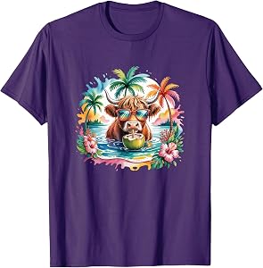 Tropical Highland Cow Summer Vibes Funny Beach Girls Women T-Shirt