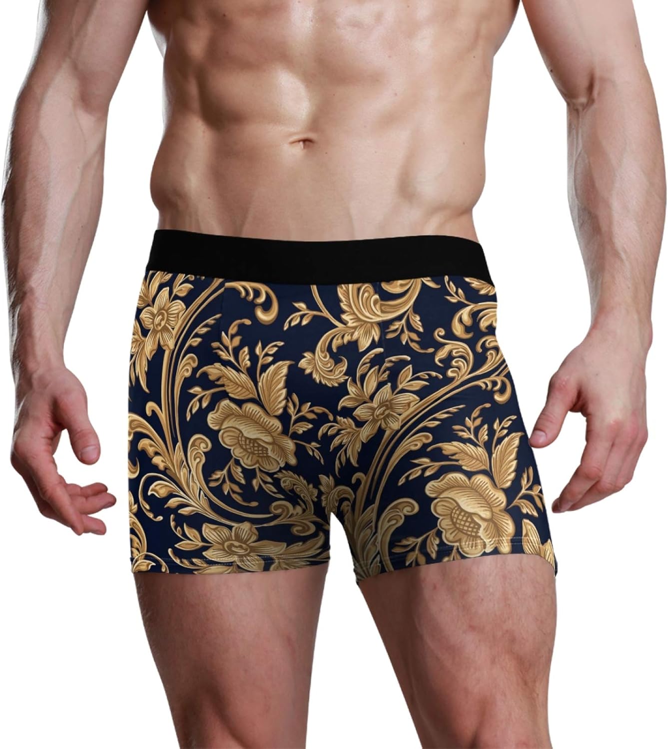 VVIEER Mens Underwear Comfortable Boxer Briefs Print Trunks Decorative Gold Floral Element S