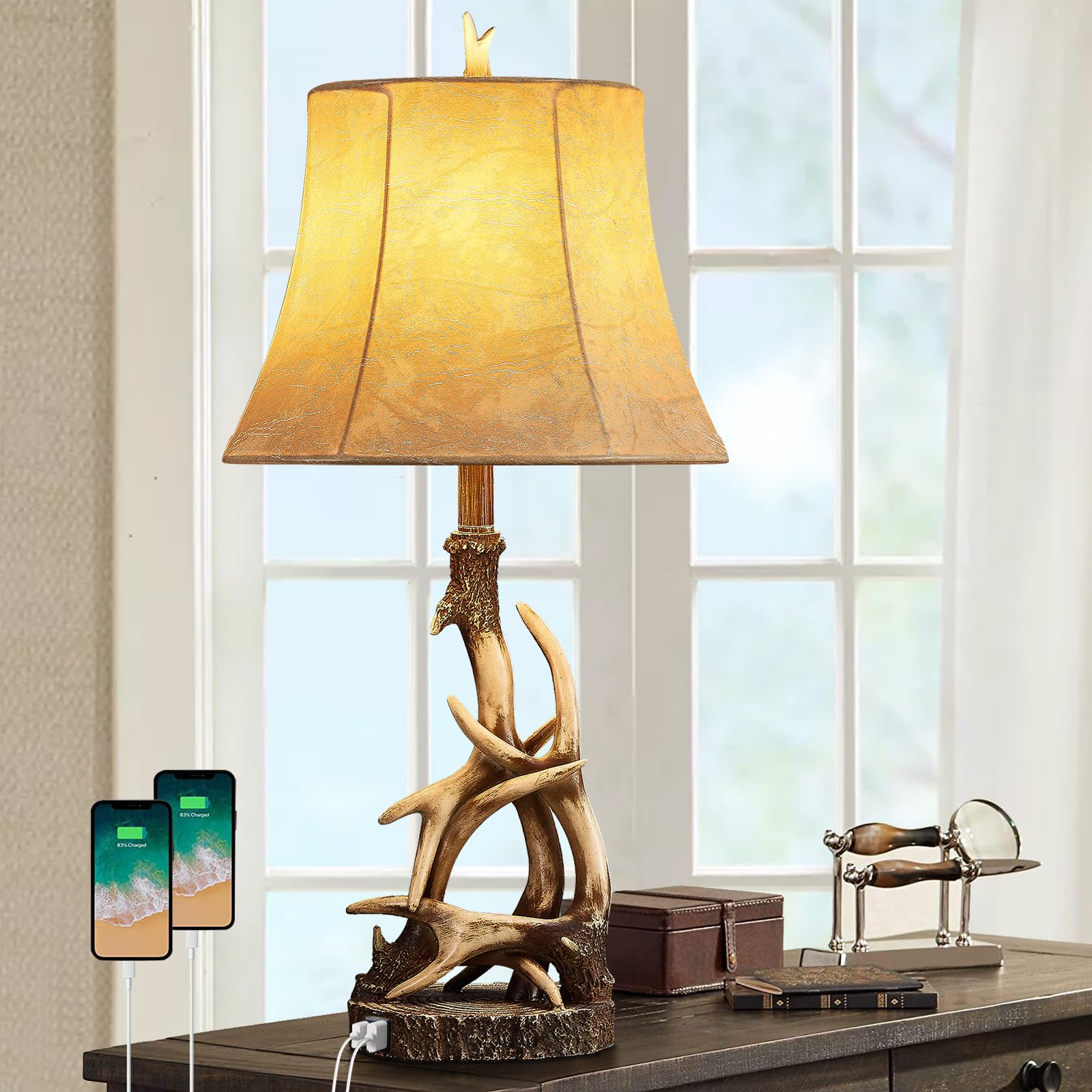 Photo 1 of HUITICO 27.25'' Rustic Antler Table Lamps for Living Room with USB A + C Charging Ports Western Cabin Bedside Lamps for Bedroom Nightstand Lamps with Faux Leather Lampshade, Single, Bulb Not Included