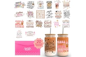 Kaciola Studio 20 Sheets Coffee UV DTF Cup Wrap -Ice Coffee Theme DTF Cup Wraps for 16 oz Glass Mugs, UV DTF Decals Waterproof Rub on Transfer Stickers DIY Mug Glasses Crafting
