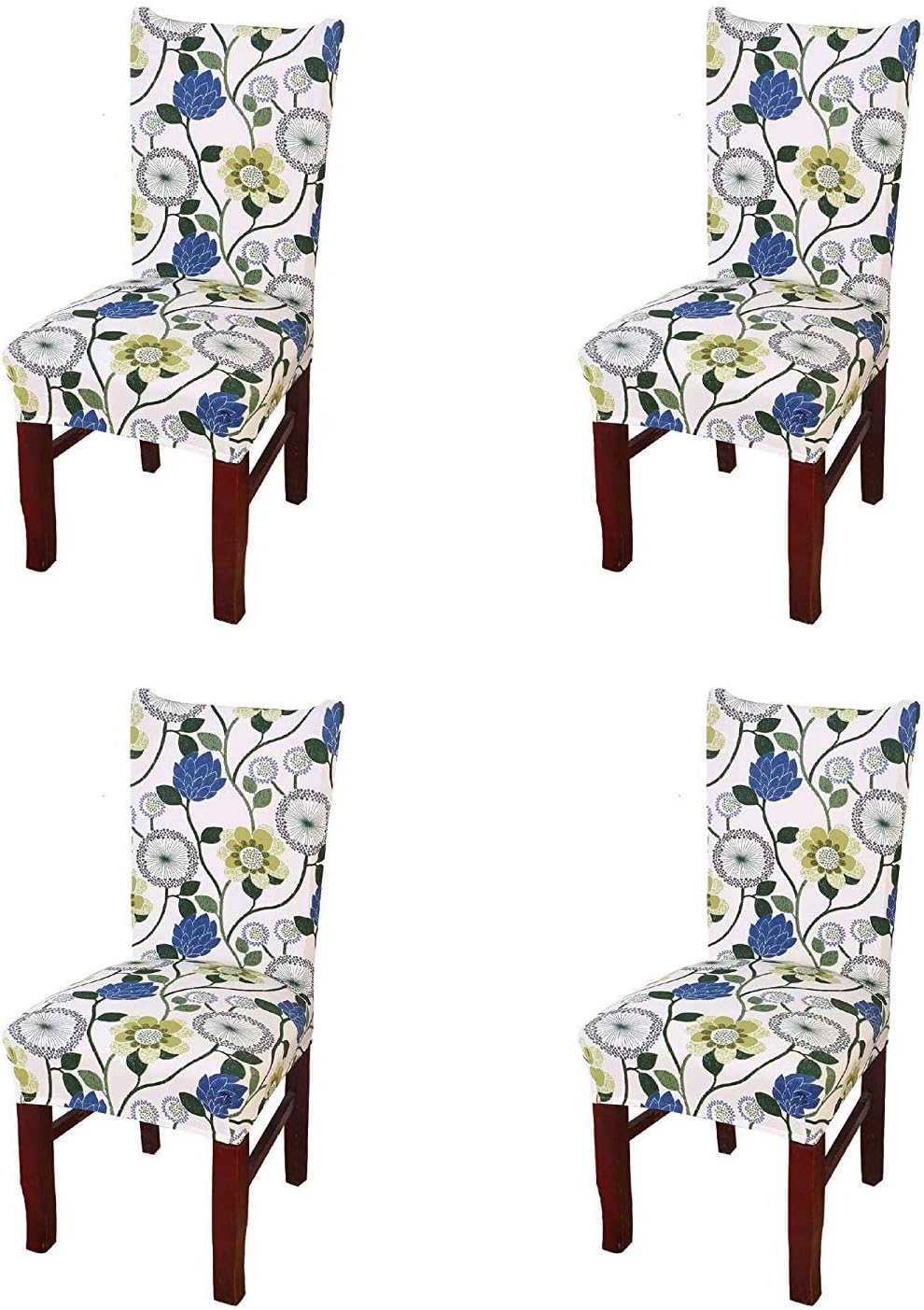 Polyester Spandex Printed Chair Cover Stretch Removable Washable Short Dining Chair Cover Protector Seat Slipcover (White Green Blue Flower, Pack of 4)