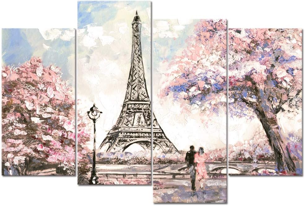 Visual Art Decor Large Pink Painting of Blossoming Paris Street Eiffel Tower Ronmance Lovers Canvas Prints Wall Art Decoration for Home Office Hotel Guest Room Ready to Hang Xlarge