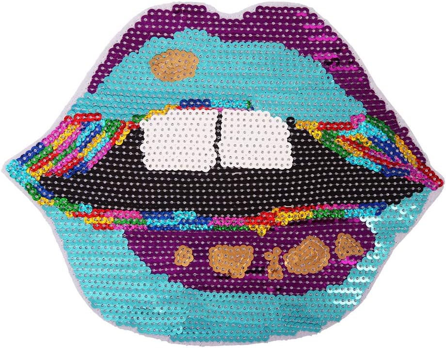 Mouth Patches Sew on Mouth Sequins Patches Embroidered Motif Applique Compatible Clothes Jeans T-Shirt (Blue)