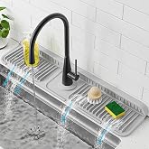 PoYang 24 Inch Faucet Mat for Kitchen Sink Splash Guard, Light Grey | Sink Protectors with 7&deg; Slope for Smooth Drainage, Snap Button Holds It in Place, 90&deg; Foldable &amp; Cuttable Hole Fit Most Sinks