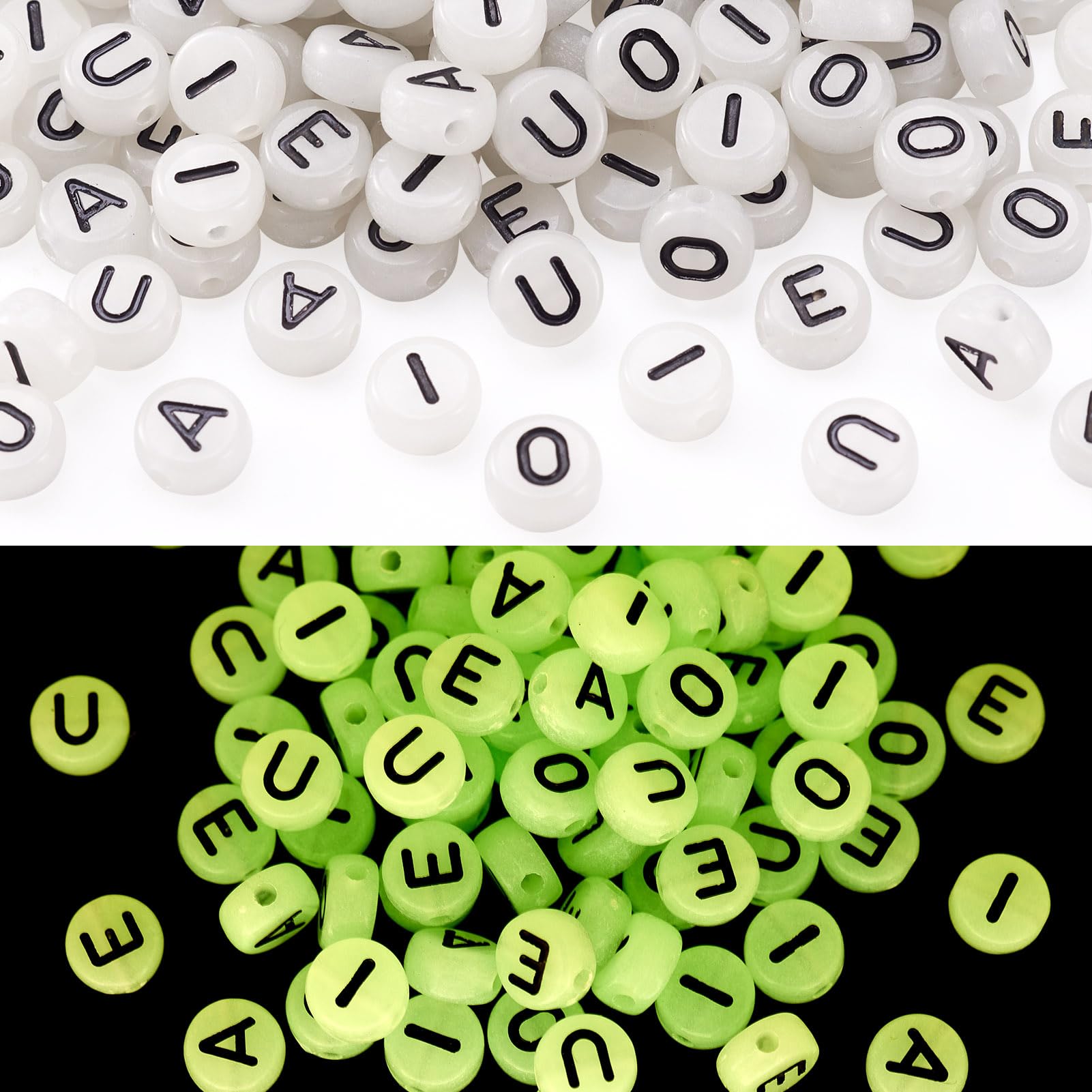 PandaHall 500pcs Flat Round Alphabet Beads Luminous Glow in The Dark Vowel Letters Loose Beads with Black Letter A E I O U for Jewelry Making, 7x3.5mm